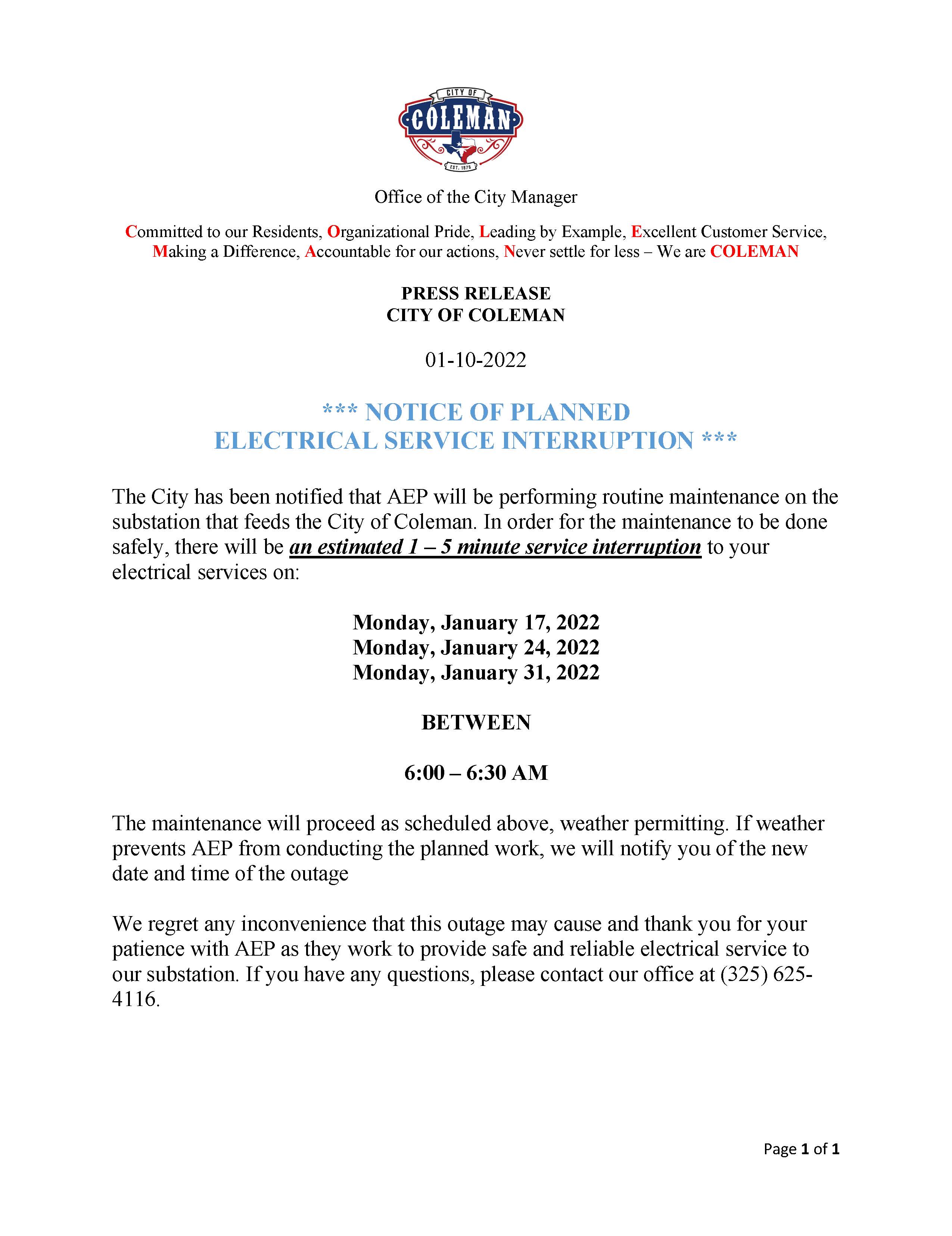 Notice of Planned Electrical Disruption